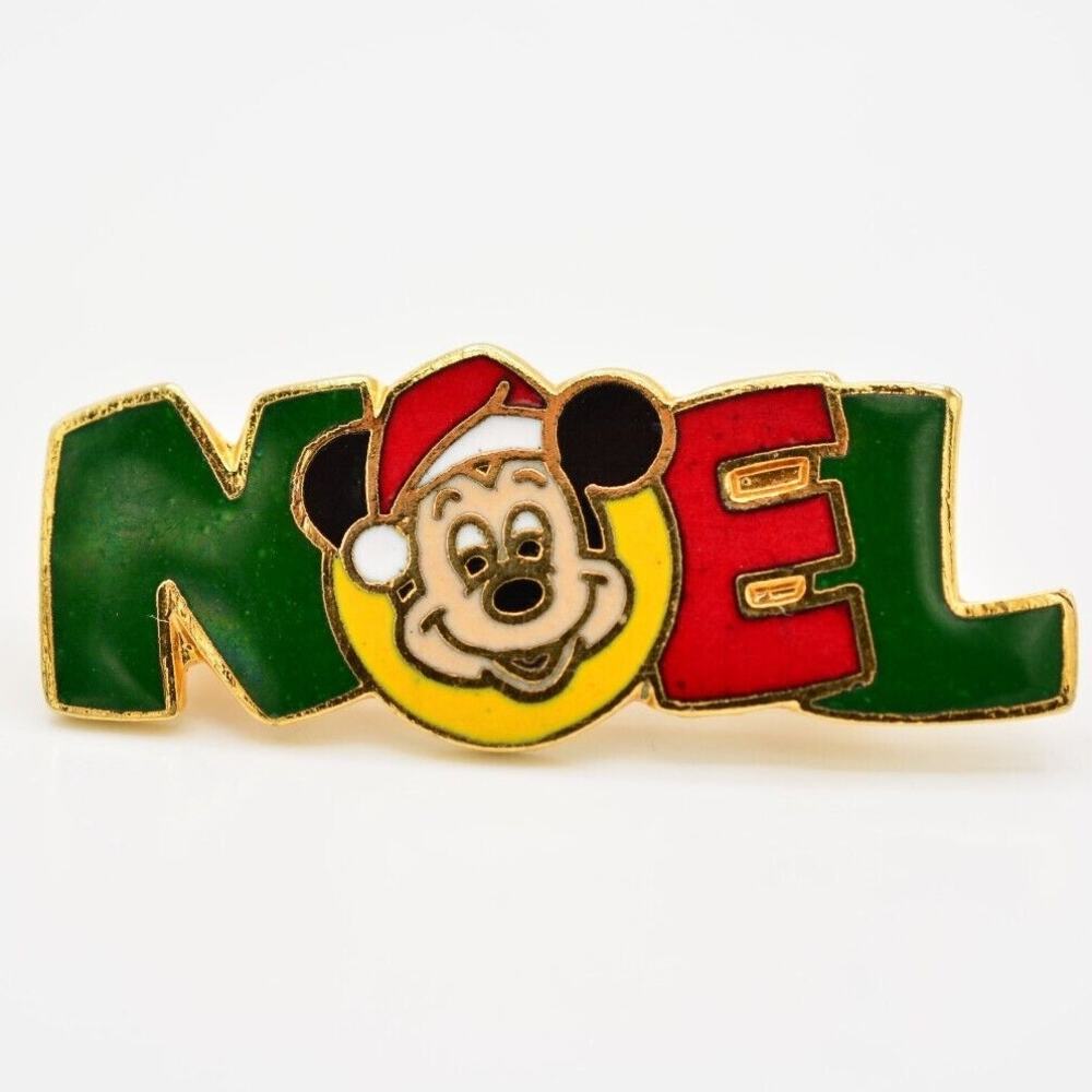 Disney Vintage Noel Pin Brooch Christmas Holiday Red Gold Mickey Mouse BinAH